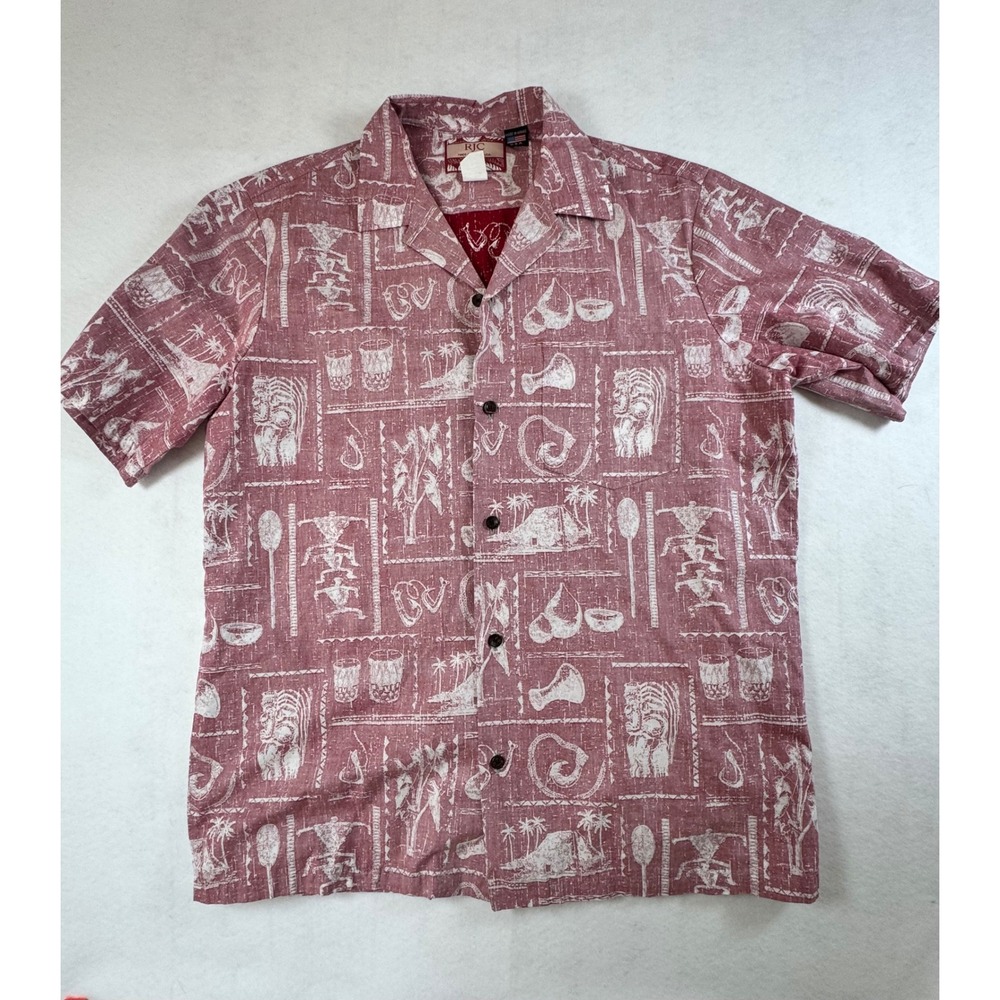 RJC Mens Hawaiian Shirt Red‎ Reverse Print Tiki Tribal Camp Collar Made in USA L